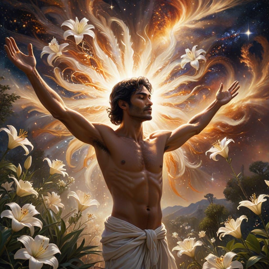 Sacred Realism Masterpiece: Radiant Garden with Cosmic Sky