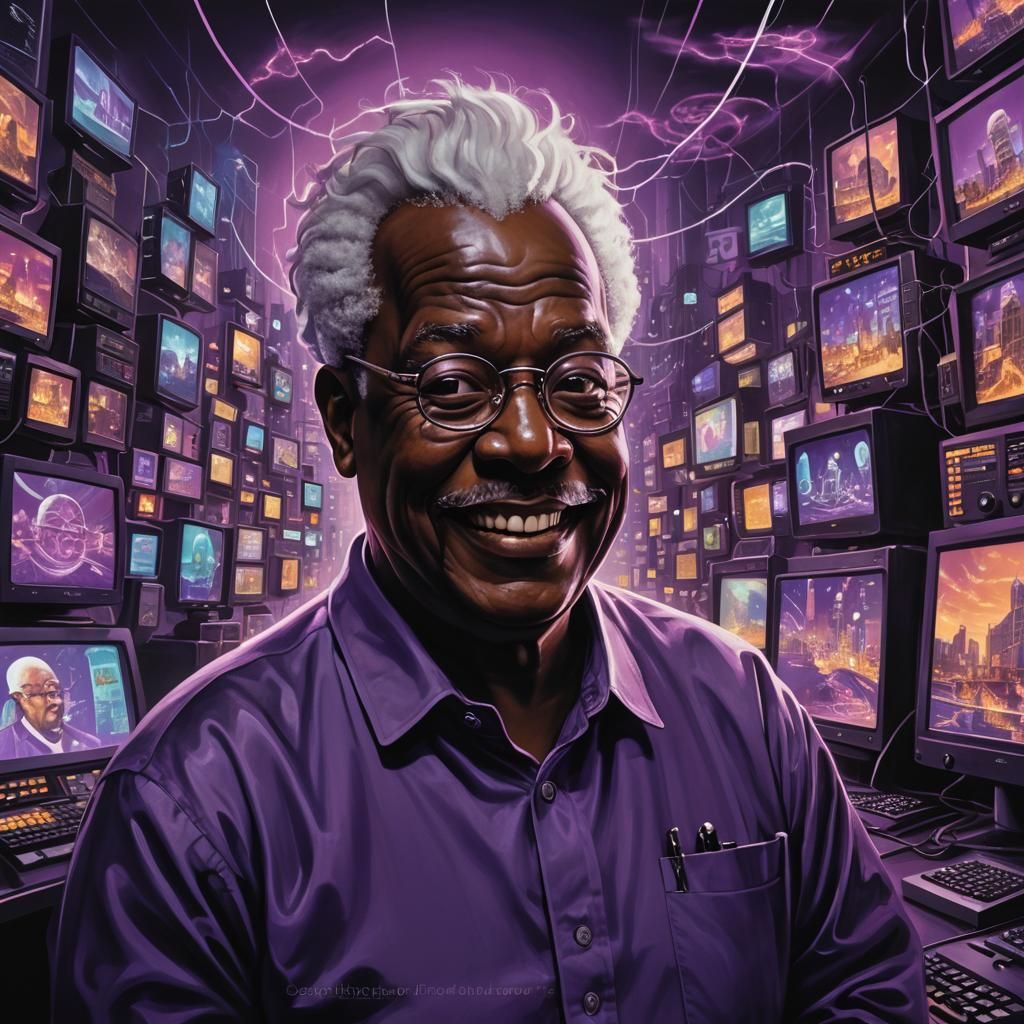 Surreal Portrait of Man Surrounded by Computers