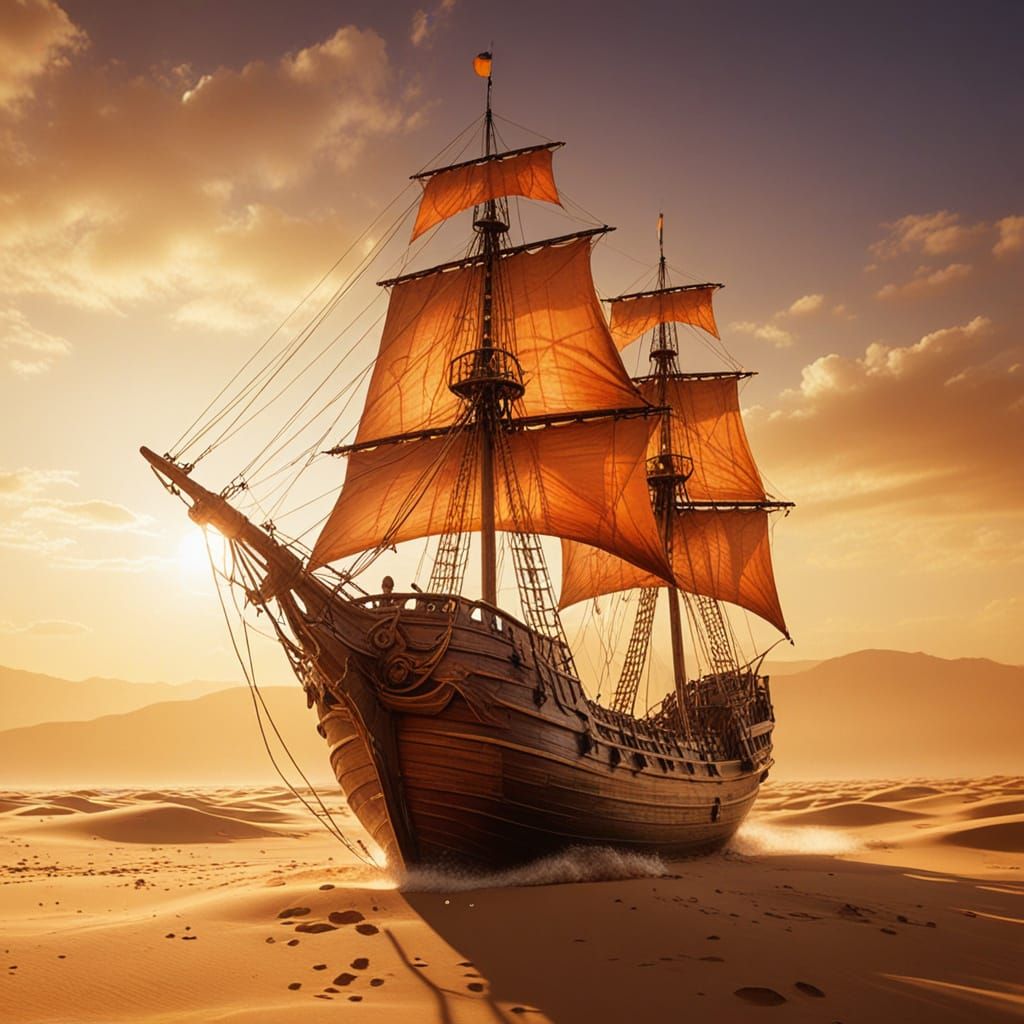 Surreal Digital Art of a Ghostly Ship in a Burning Desert