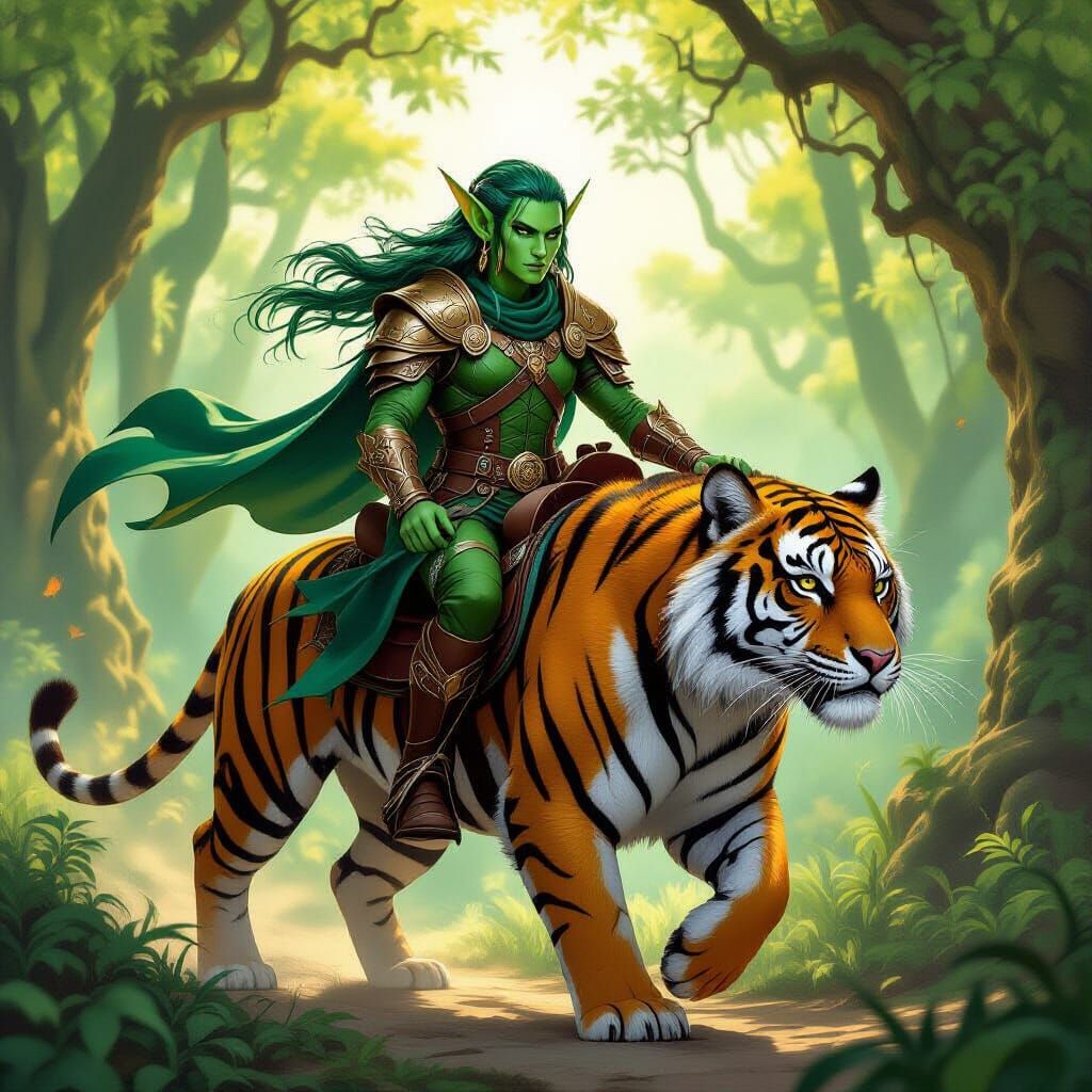 Mystical Elf Rides Tiger Through Sun-Dappled Forest