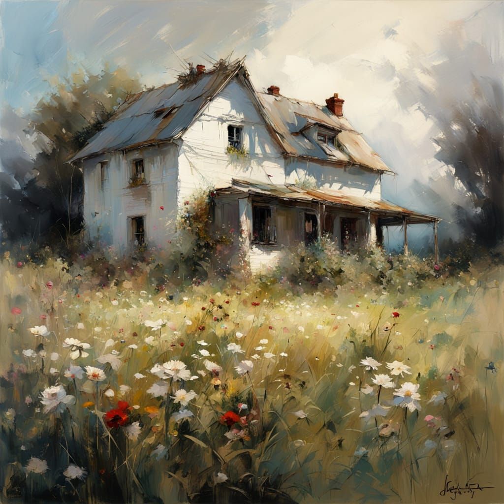 White Farmhouse in Field of Flowers: Oil Painting