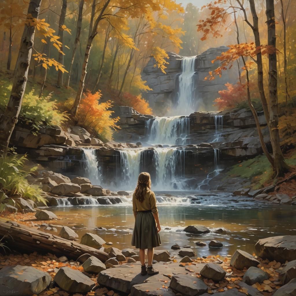 Just a girl who loves fall waterfall prompt oil painting by ...