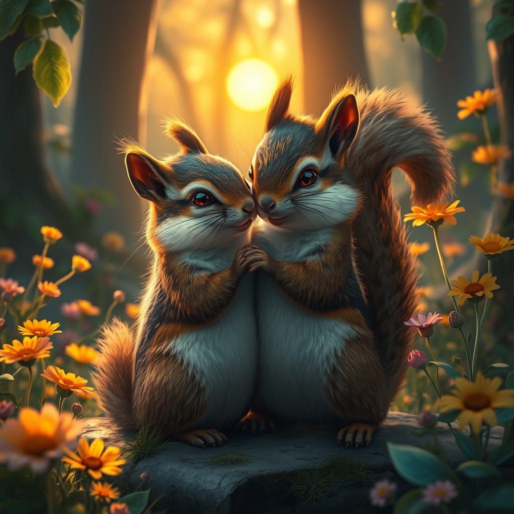 Whimsical Forest Creatures Embracing in Sunset Glow