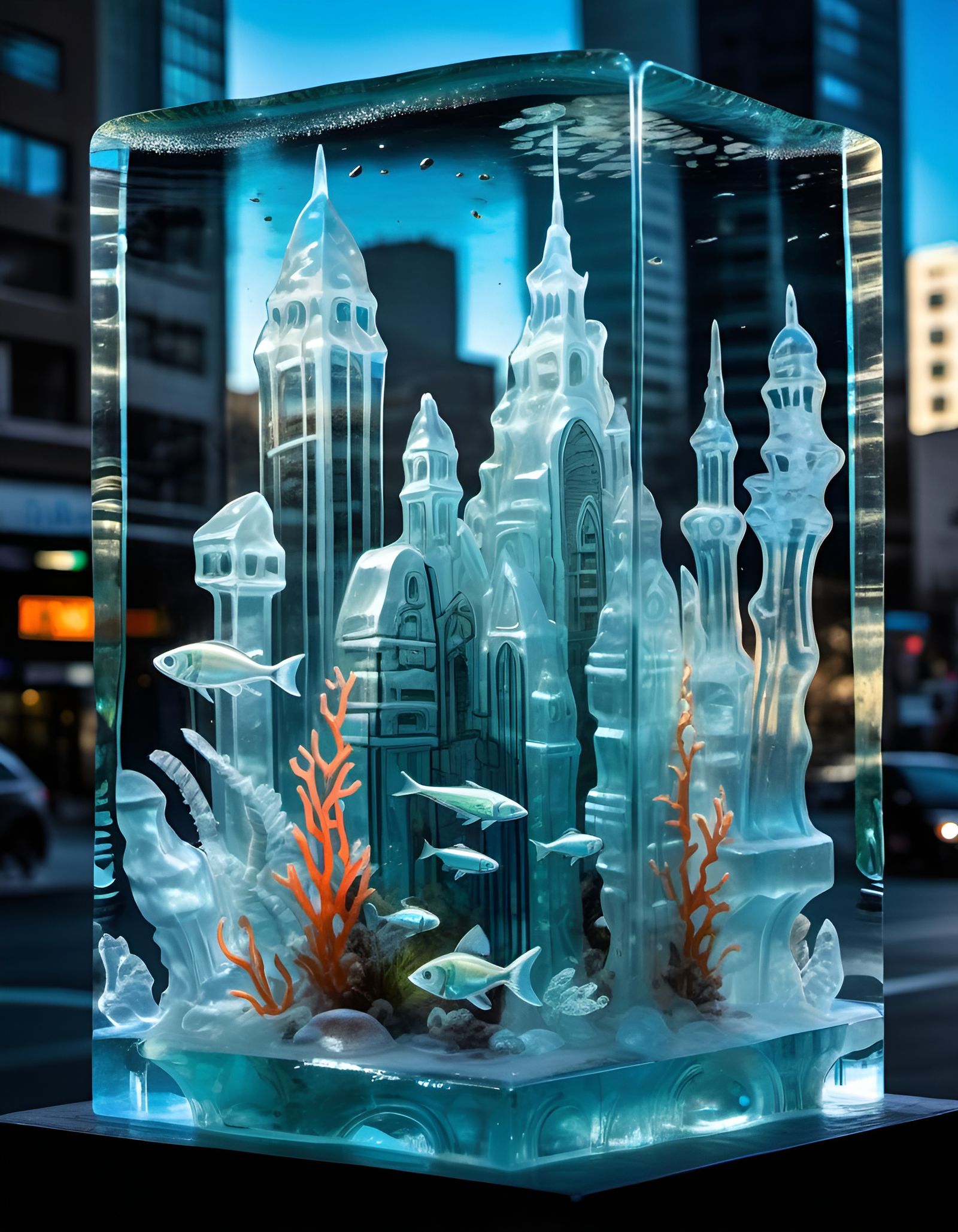 Underwater Glass City Ice Sculpture: Bioluminescent Art