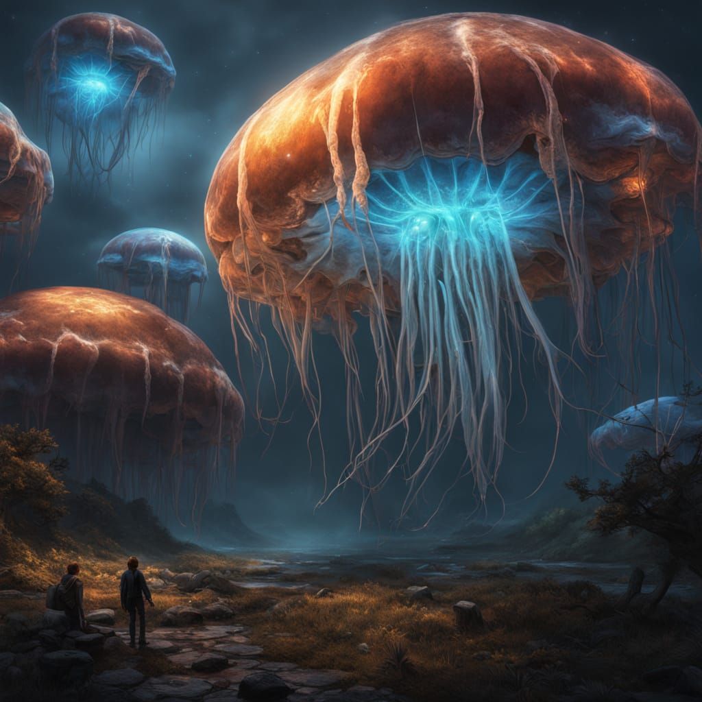 Bioluminescent Jellyfish Drifting Through Cosmos: Digital Ar...