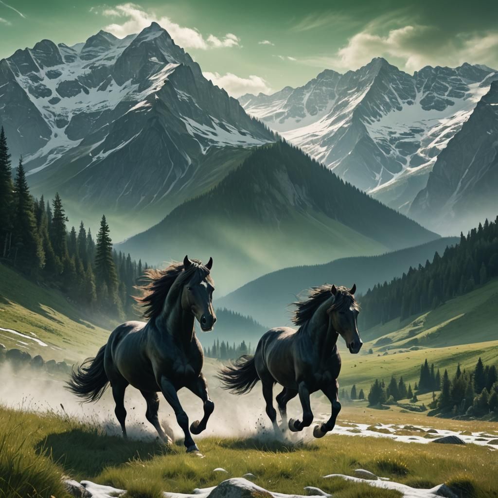 Black Horse Galloping in Mountain Meadow
