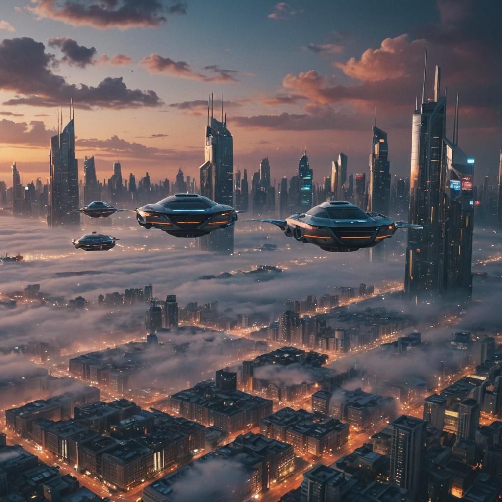 Futuristic Sky City with Flying Cars at Sunset