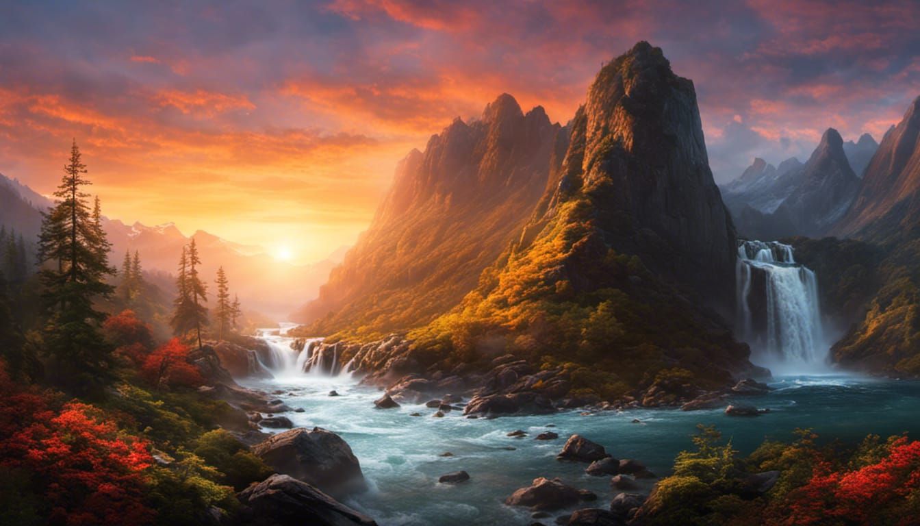 Sunset Waterfall on Rocky Crags, Splash Art