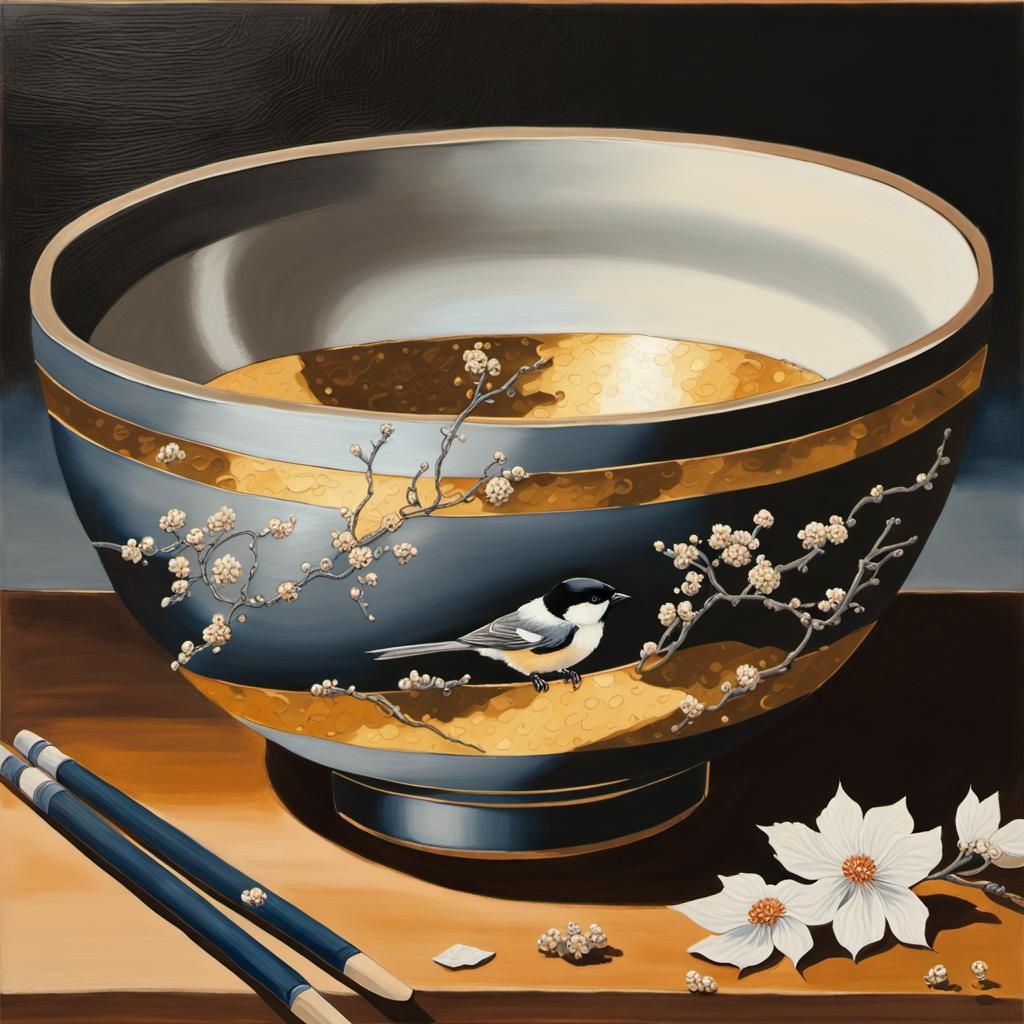 Kintsugi Bowl with Chickadee, Oil Painting