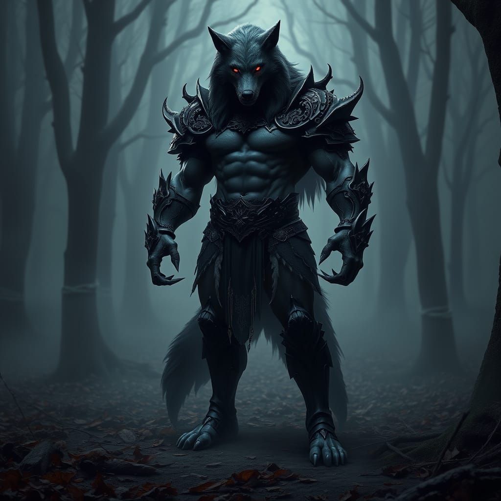 Gothic Warrior Emerges from Dark Forest in a Haunting Scene