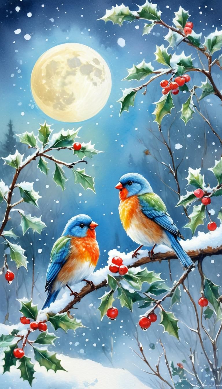 Whimsical Watercolor Lovebirds Amidst Winter Wonderland