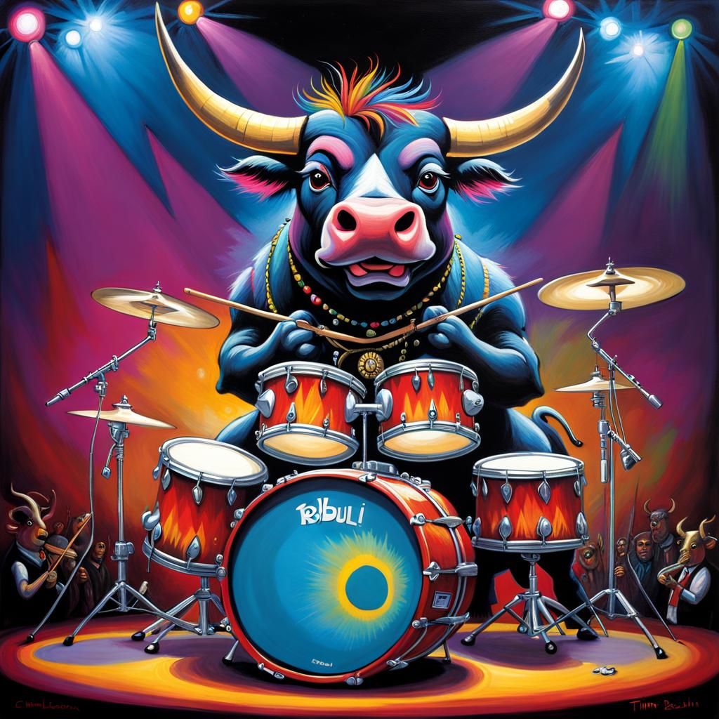 Punk Rock Bull Drummer in Art Brut Style