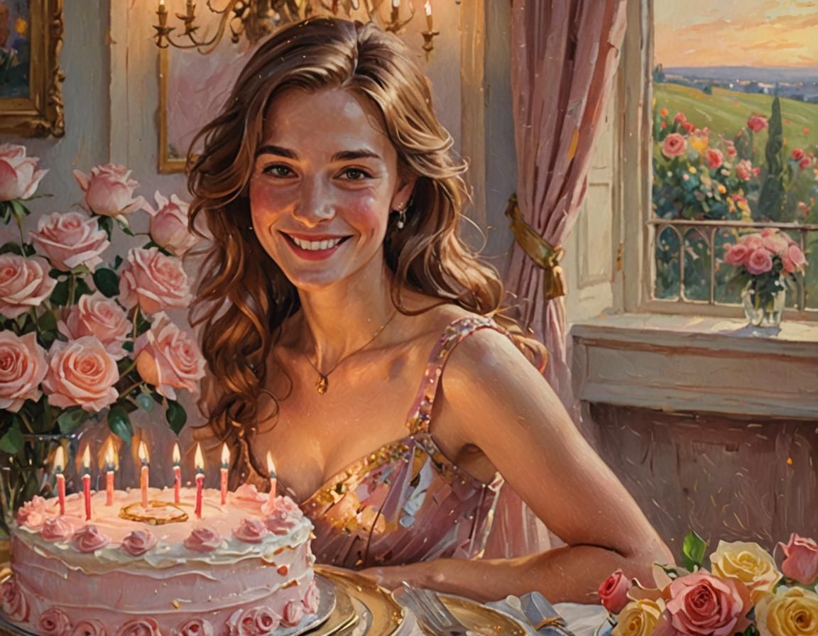 Smiling Woman with Birthday Cake as Oil Painting
