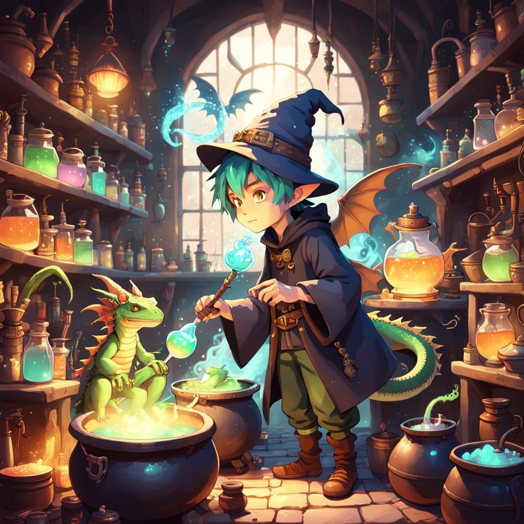 Whimsical Dragonboy Wizard Brews Potion in Enchanted Worksho...