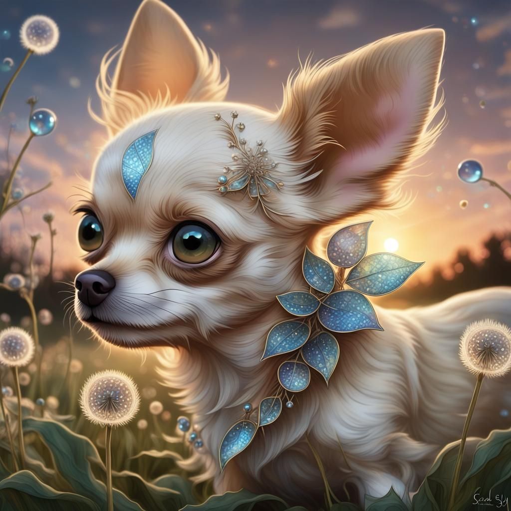 Chihuahua Puppy Blowing Dandelion Seeds in Gond Art Style