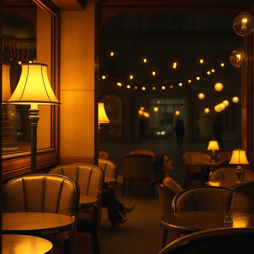 Serene Nighttime Cafe Scene in Warm, Golden Light