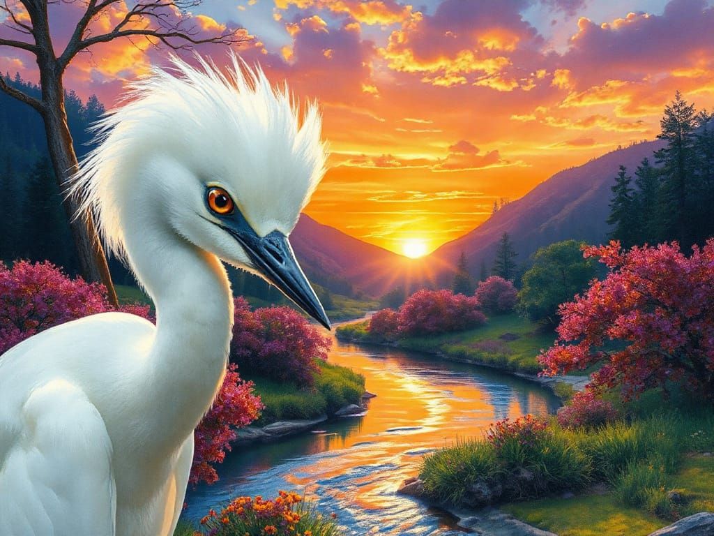 Ethereal Snowy Egret in Fairy Spring Landscape