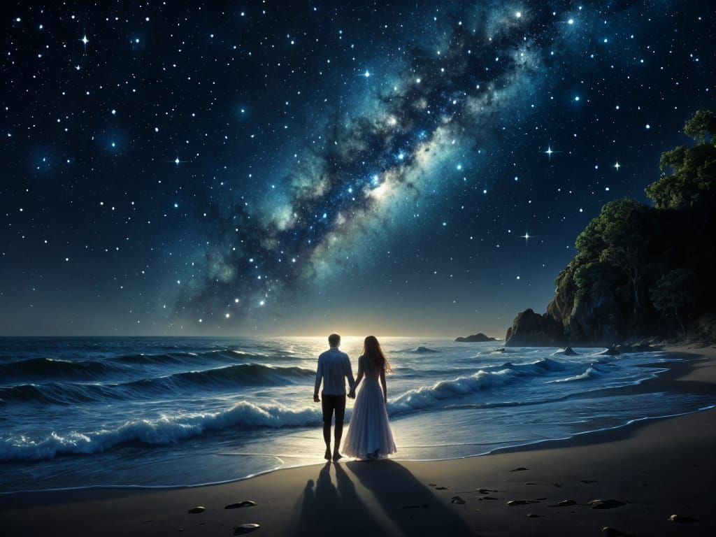 Lovers Stroll Under Starry Sky: Romantic Surrealism