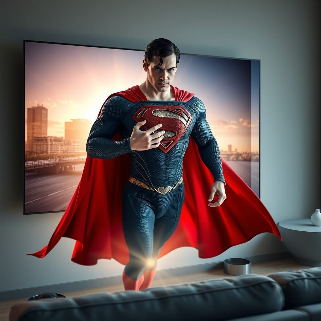 Superman Emerges from a Modern TV Screen in a Hyper-Realisti...