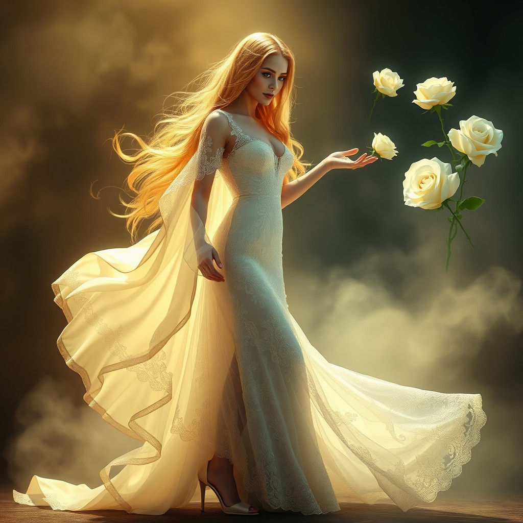 Majestic Woman Conjuring Roses in Ethereal Glow