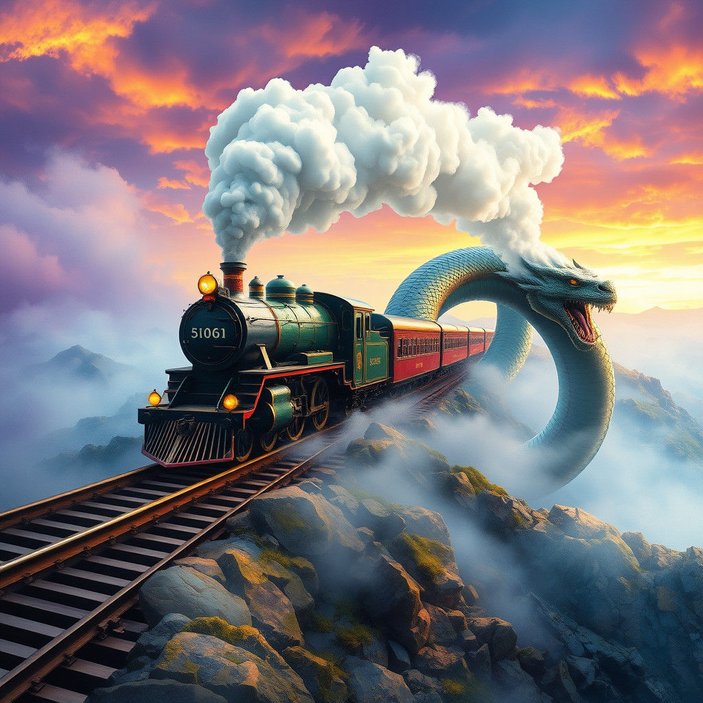 Steam Train on Serpent Railway in Fantasy Landscape