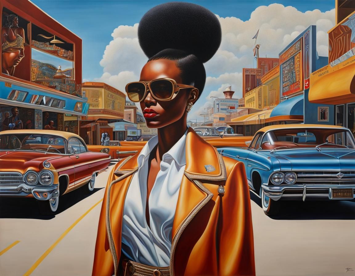Afroamericana Painting in Retrofuturistic Photorealism