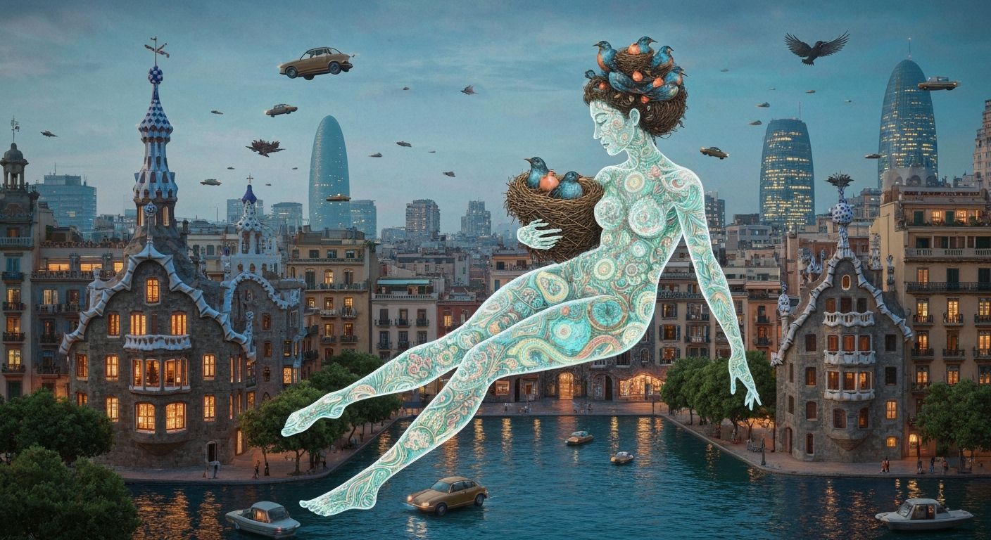 Bioluminescent Figure in a Vibrant Gaudí Cityscape