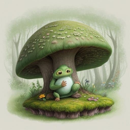 Friendly Green-Eyed Monster Sits on Mushroom in Lush Forest
