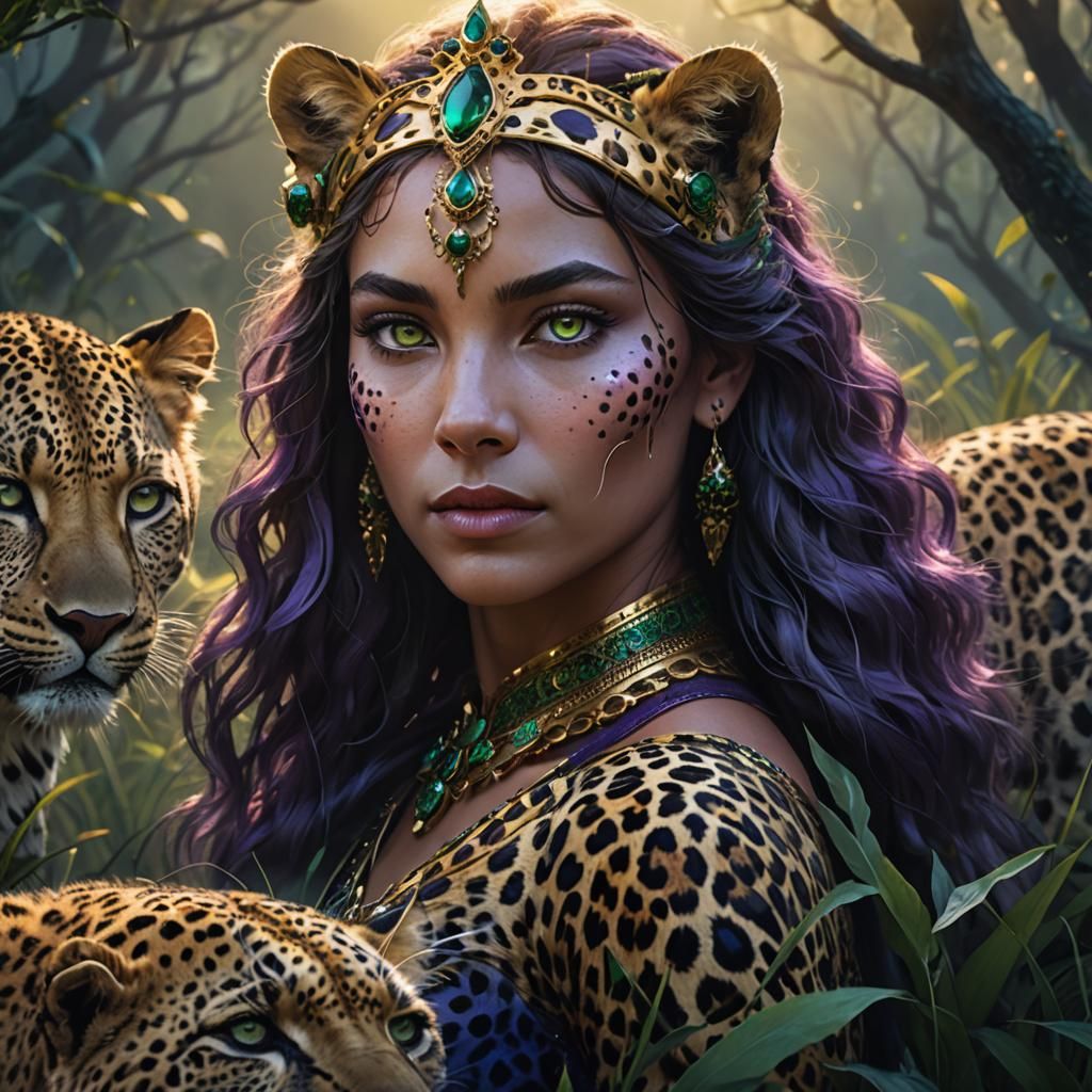 Leopard Queen Portrait in a Mystical Grassland