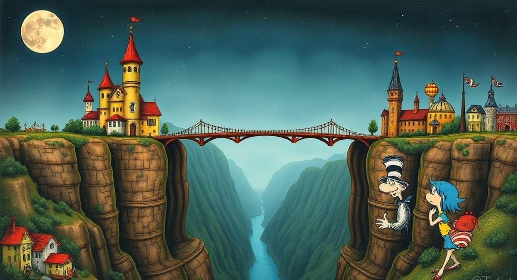 Whimsical Bridge Connects Fantastical Cities in a Deep Canyo...