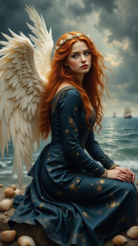 Tragic Angel by Stormy Sea in Pre-Raphaelite Style