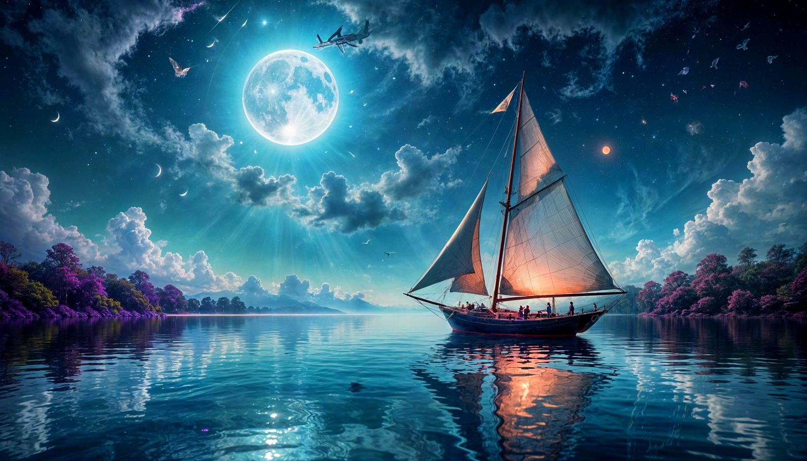 Turquoise Sailboat Drifting Through Ethereal Sky