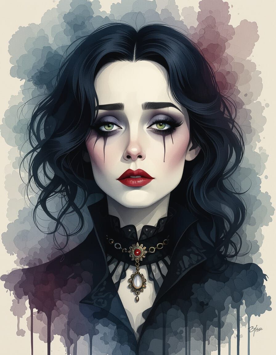 Melancholy Tim Burton Character in Watercolor Style