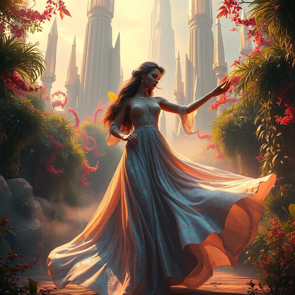 Regal Woman Dances in Dreamlike Landscape
