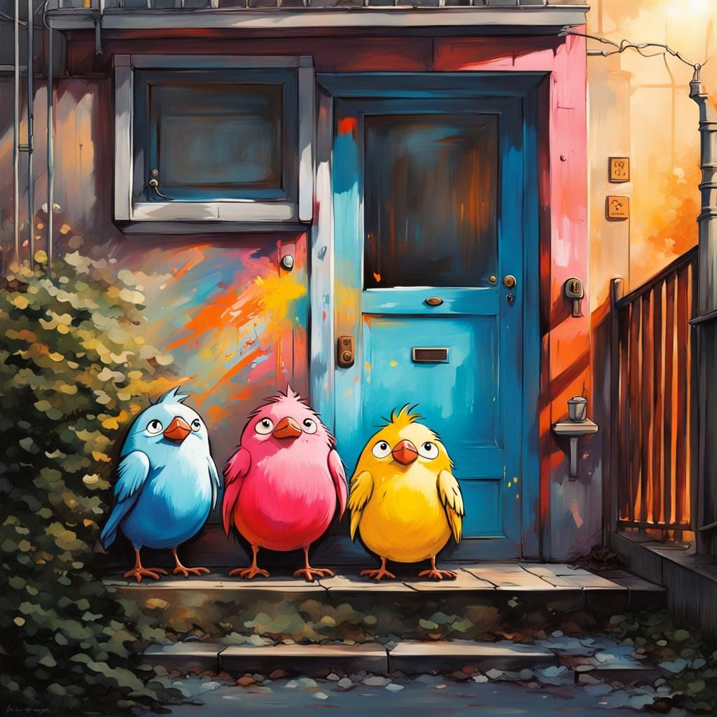 Three Birds on Doorstep, Miyazaki-Inspired Graffiti Art