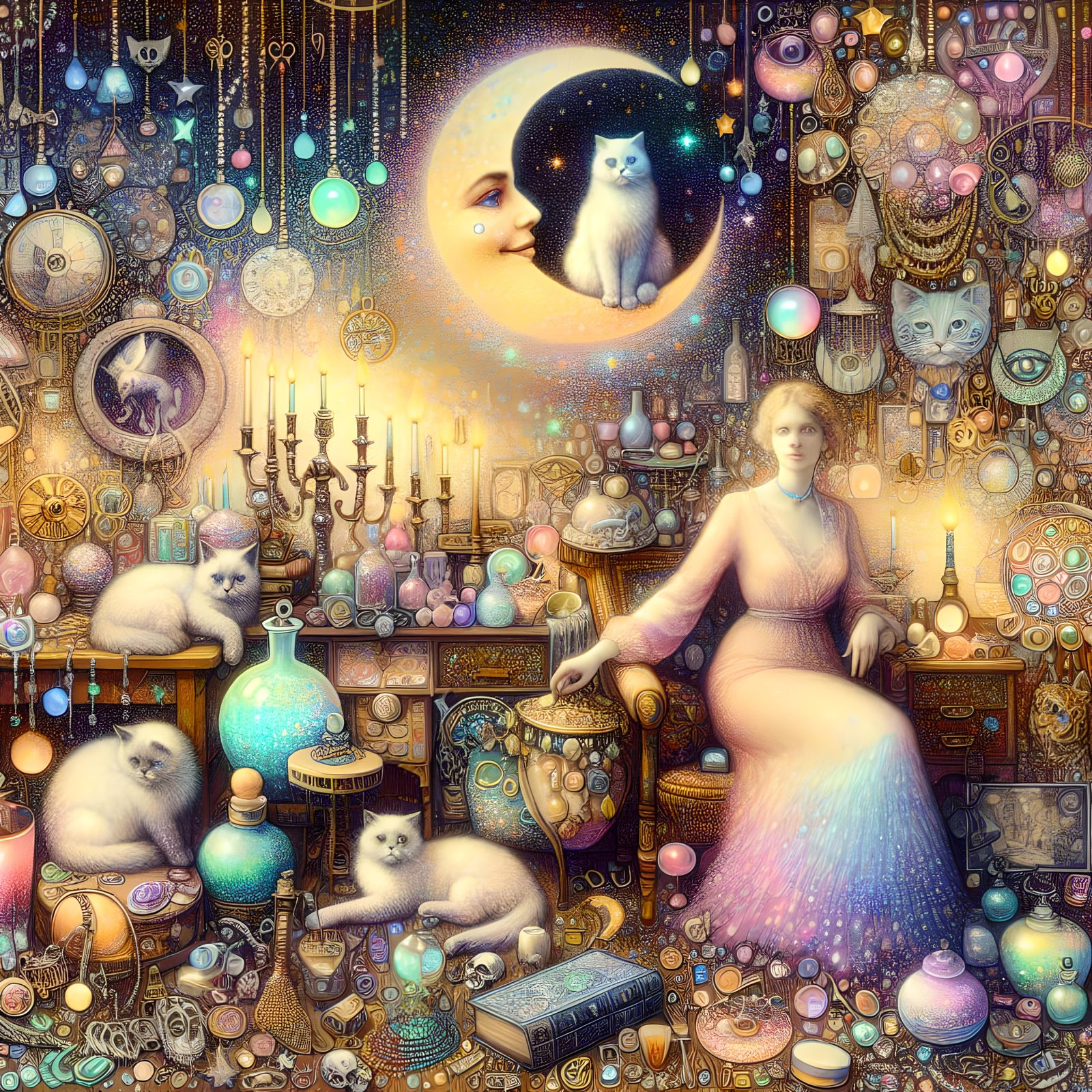 Antique dealer junk jewelry lady collectibles Cats on Crescent moons Splendiferous Wonderment, by Artist Ingrid Lamberts...