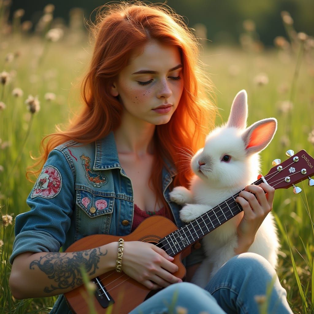 Red-Haired Woman Serenades Bunny in Meadow