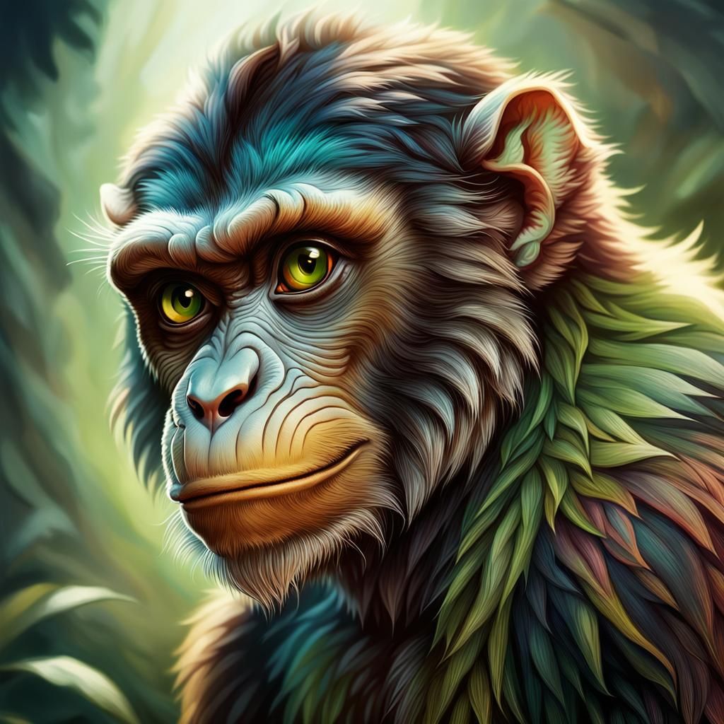 Hyperrealistic Half-Human Monkey in Colorful Lighting