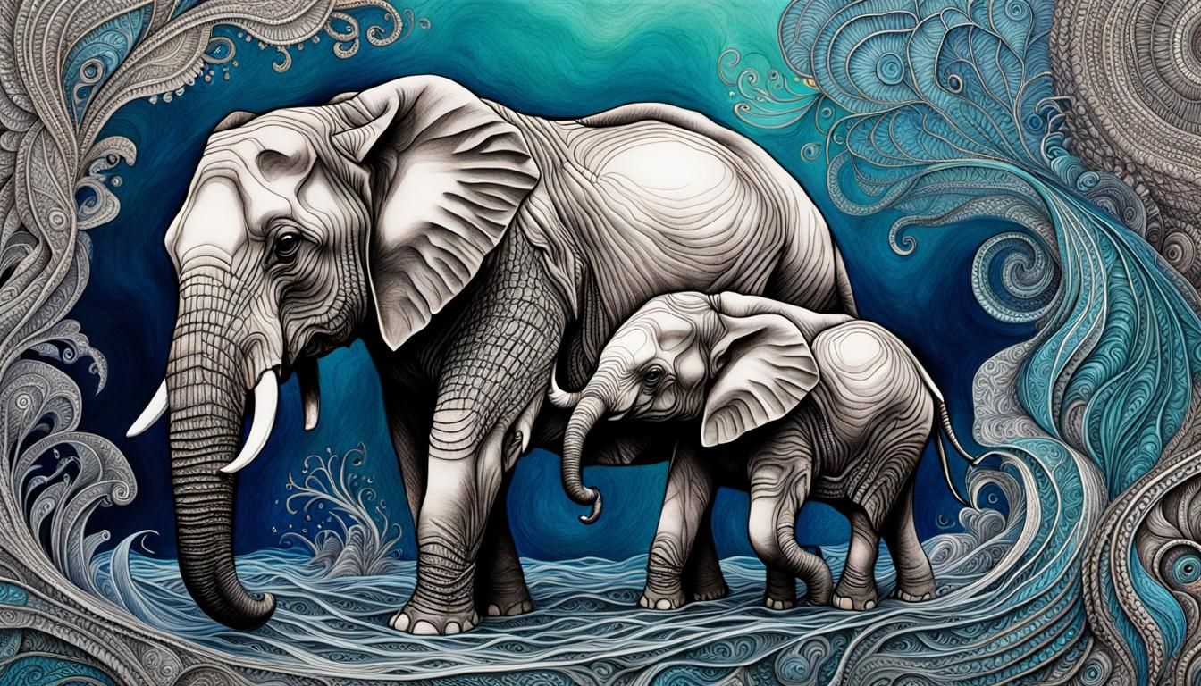 Mother and Baby Elephant in Hyperrealistic Pen Drawing