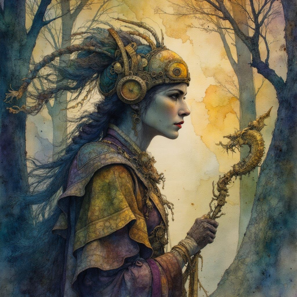 Steampunk Druid Wanders Through Ancient Forest in Alcohol In...