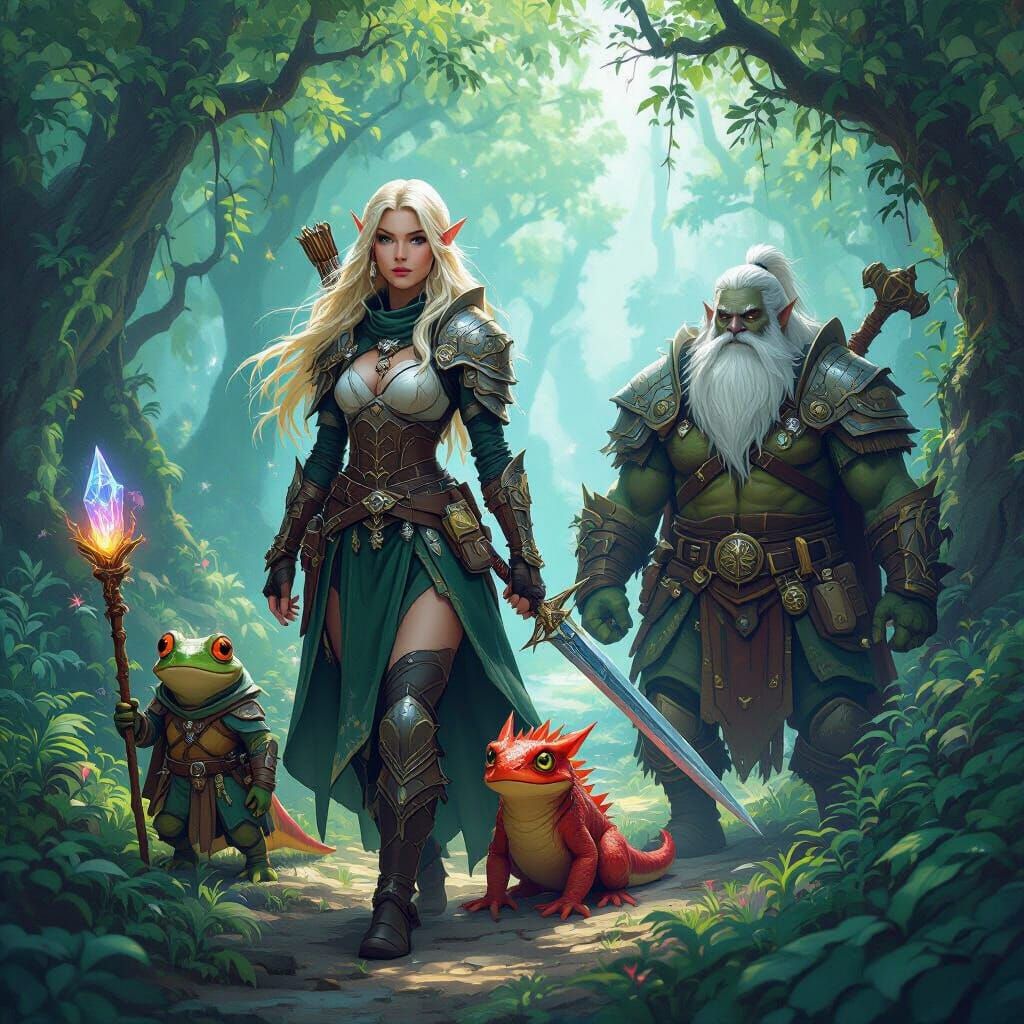 Elven Warriors and Magical Creatures in Enchanted Forest