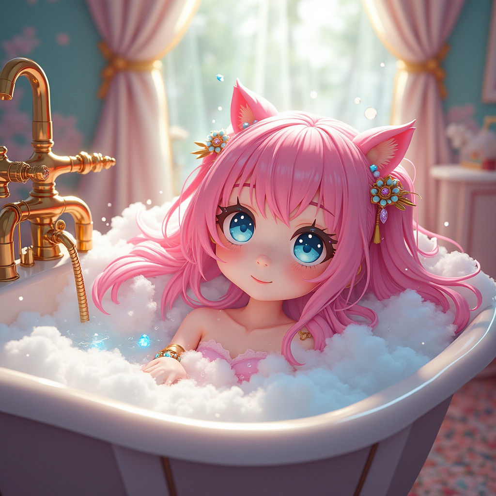 Anime Girl in Ornate Tub: Dreamlike Digital Art
