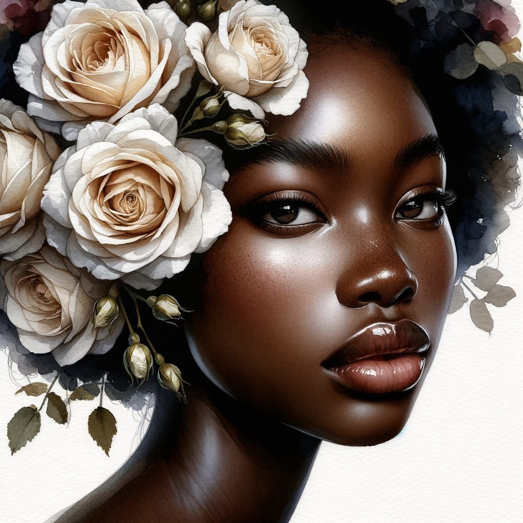 Beautiful Black Woman Portrait with Watercolor Roses