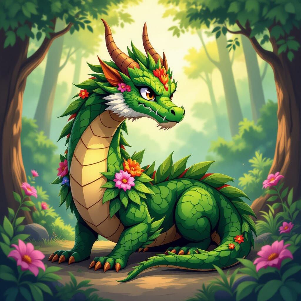 Lush Green Dragon in Manga Style Forest