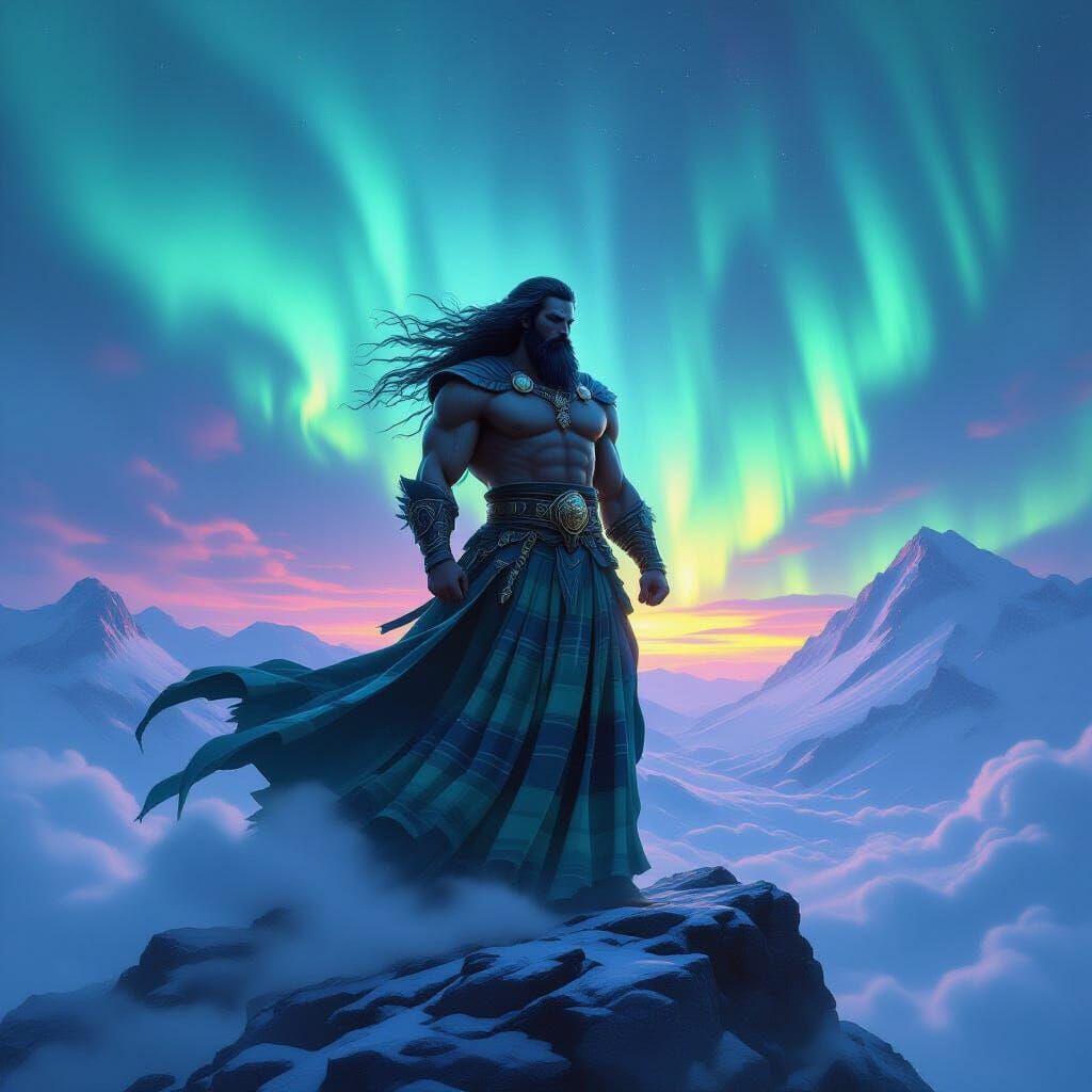 Majestic God in Kilt Under Aurora Borealis