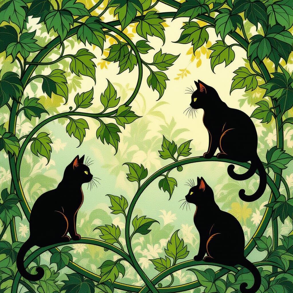 Whimsical Cat and Leaf Pattern in Art Nouveau Style
