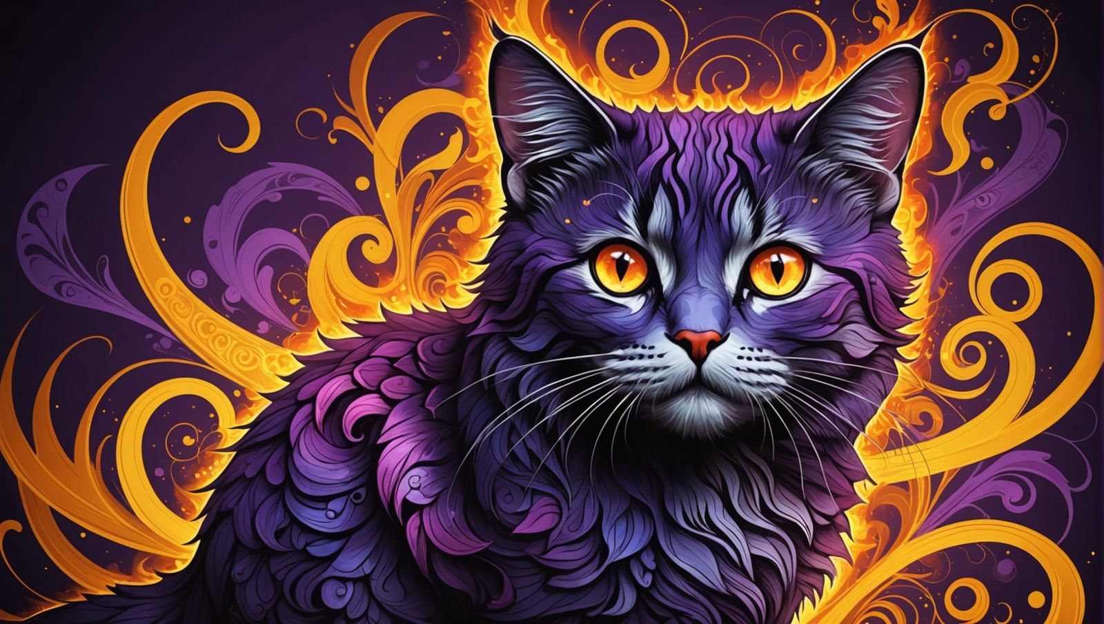 Fiery-Eyed Cat: Abstract Vector Art in Dark Fantasy Style
