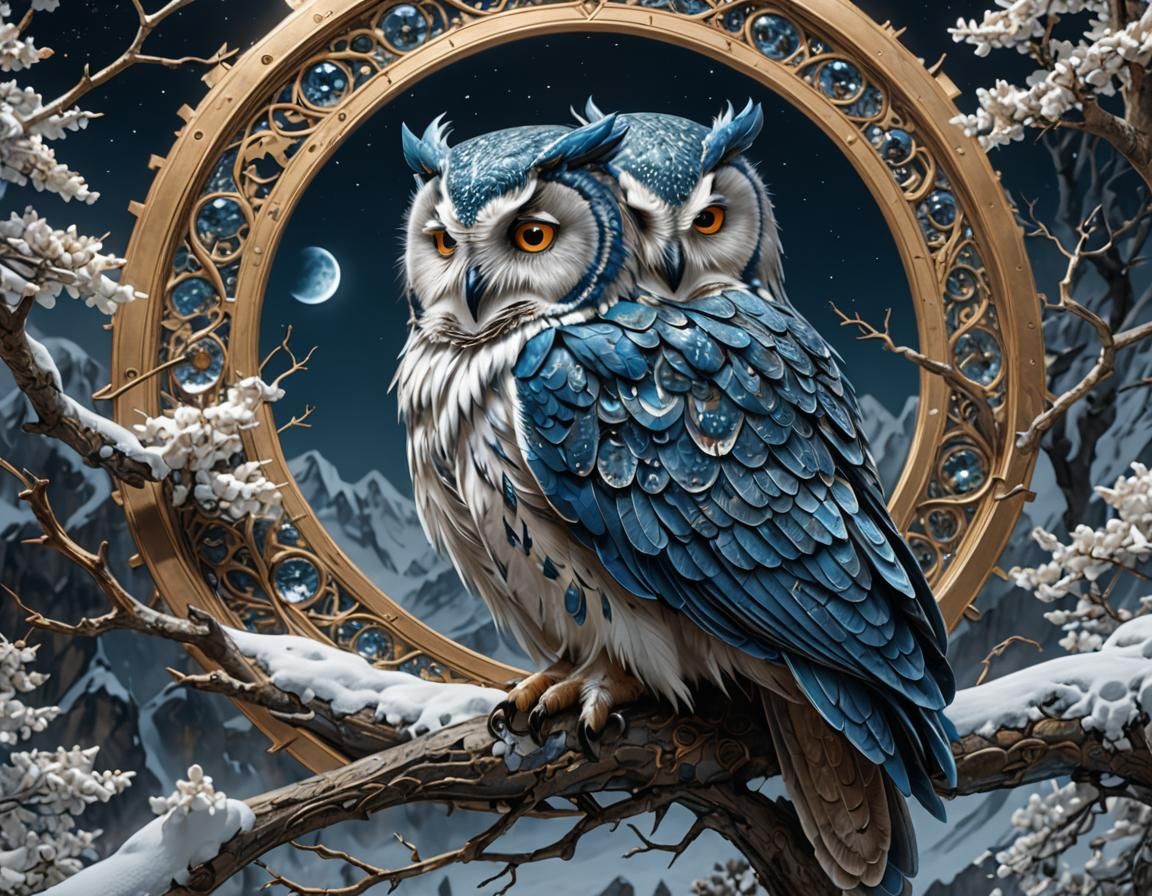 Transparent Blue Owls Sleeping on Moonlit Mountains