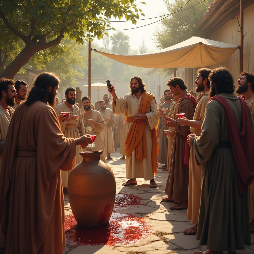 Jesus Turns Water Into Wine: Hyperrealistic Illustration