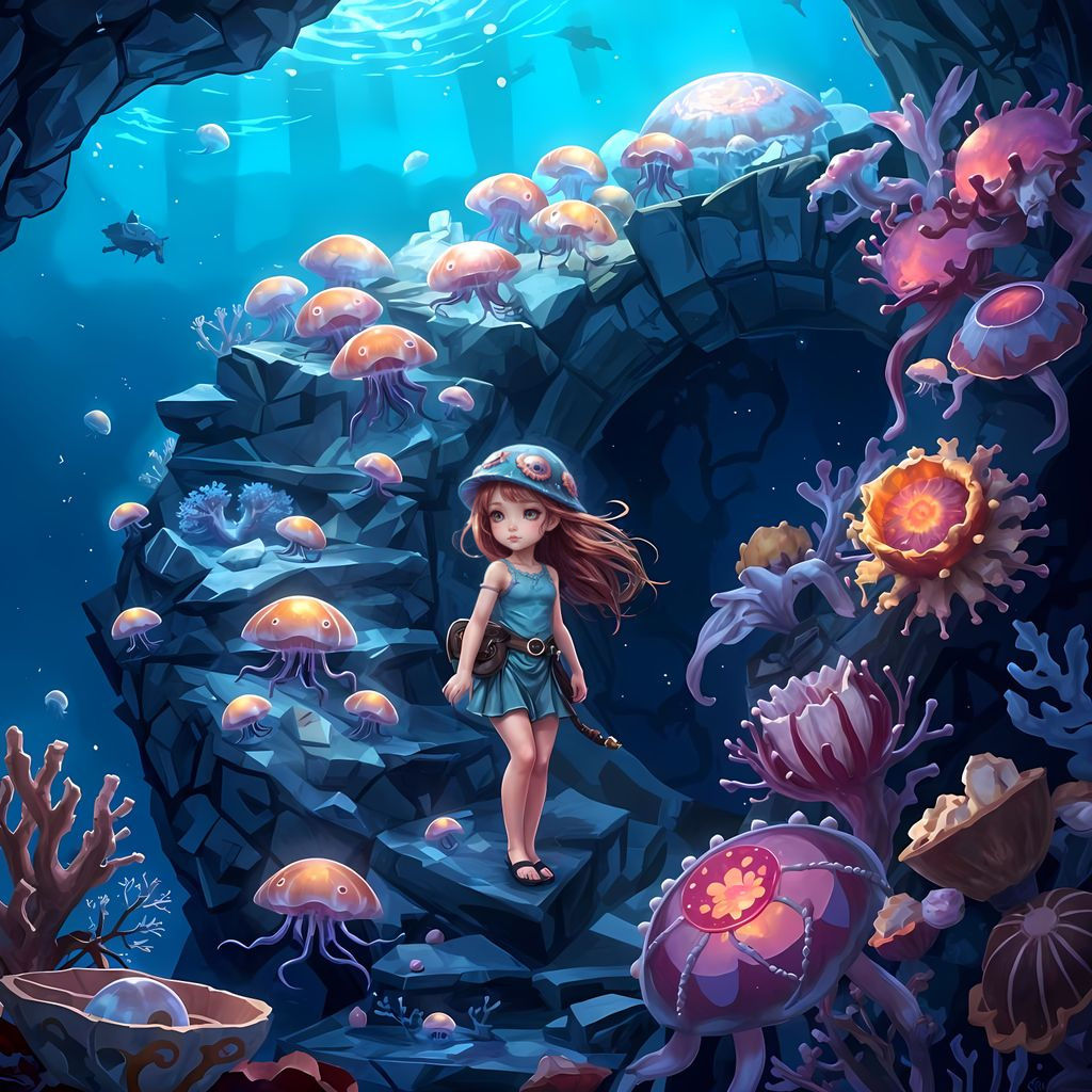 Chibi Jellyfish Girl on Coral Staircase